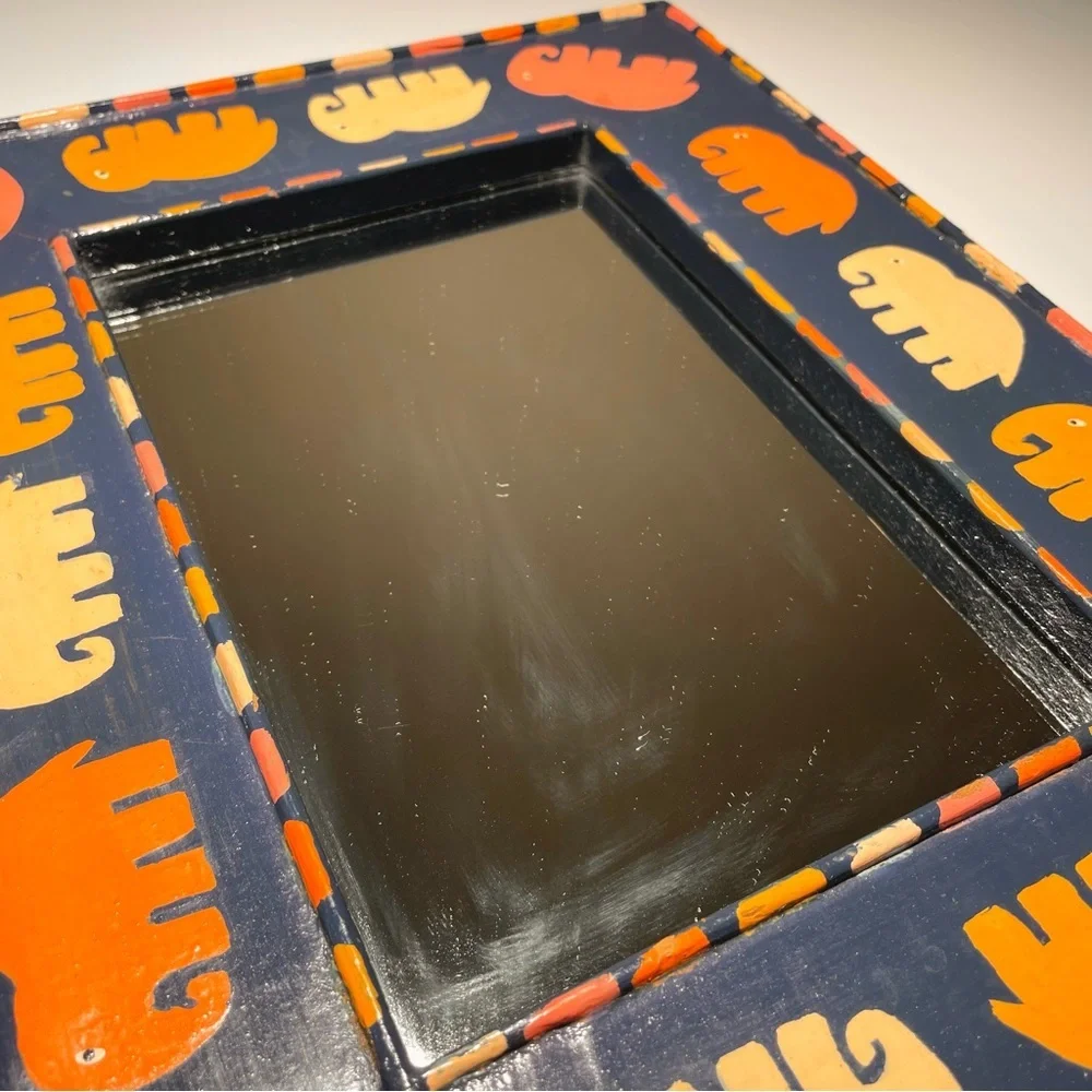 VTG Hand Painted Framed Rectangular Wall Mirror Elephant Motif Blue Orange